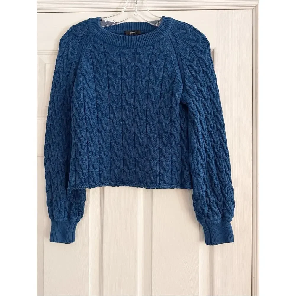 J. Crew Relaxed Fit Cable Knit Crewneck Sweater Ay824 Blue XS Cotton Preppy 2021